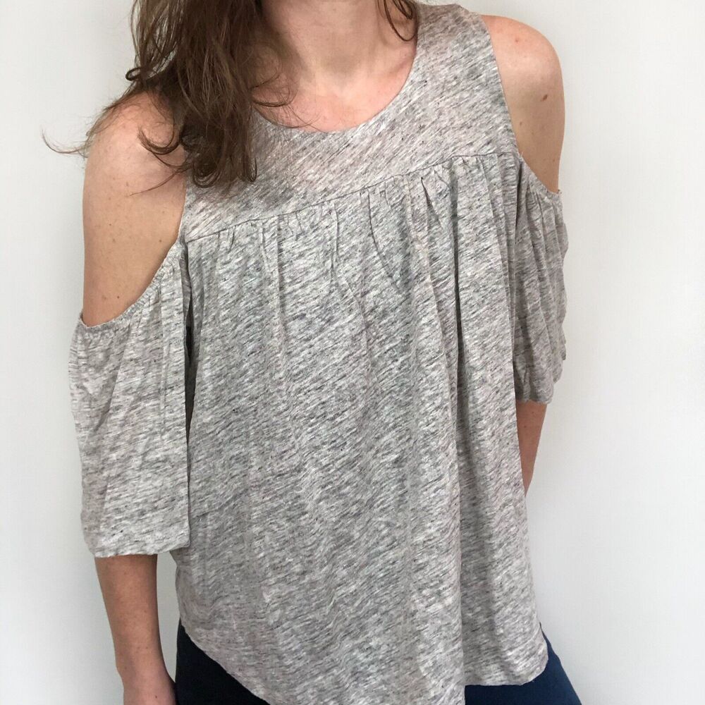 NWT BB Dakota Oliana Gray Cold Shoulder Knit Lace Up Linen Top Women's Medium